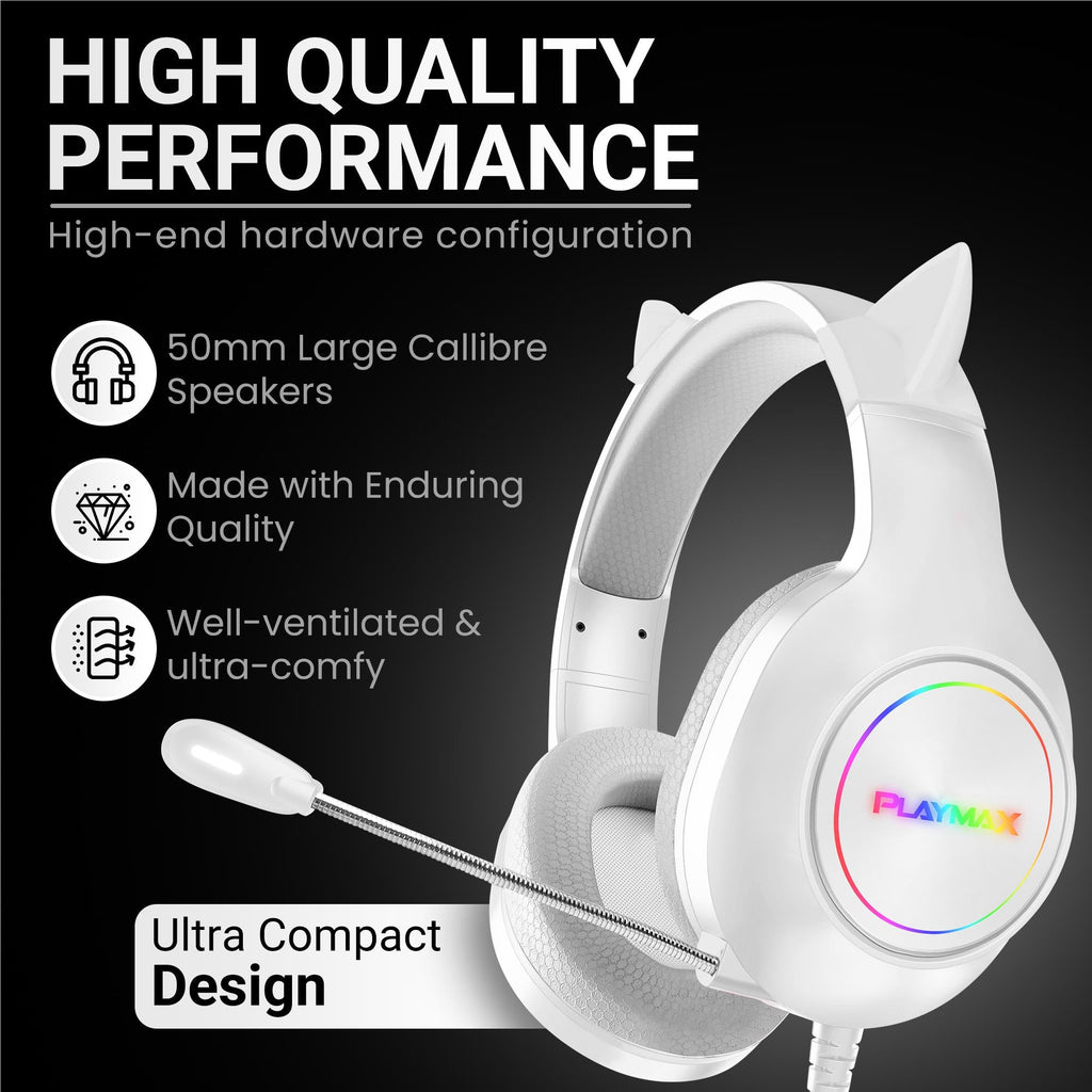 Playmax RGB Cat Ear Gaming Headset - White